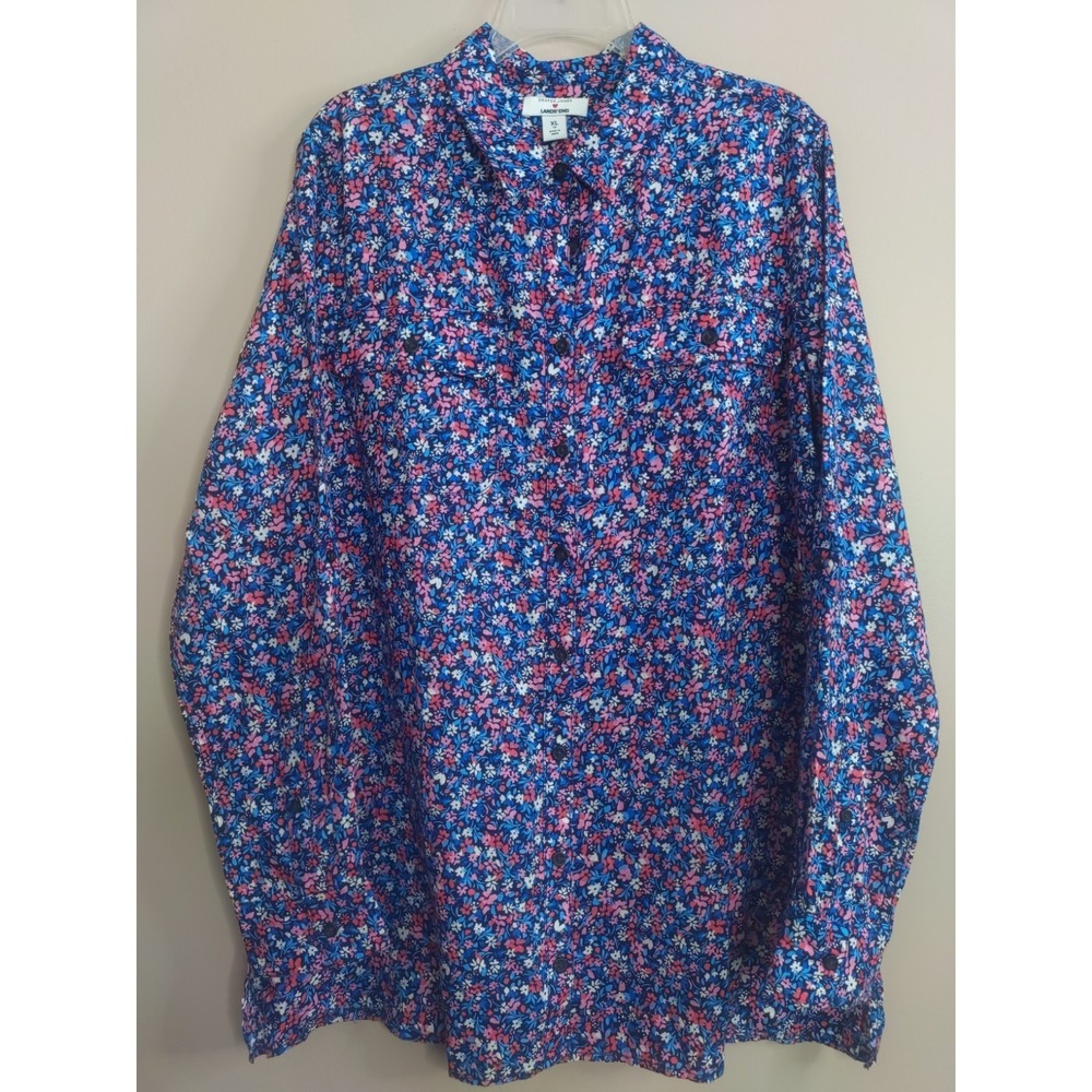Lands End Draper James Women Floral CollarPockets Roll Tab Sleeve Shirt Size XL
